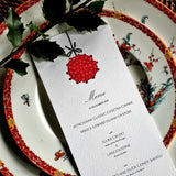 Marian Mcevoy (aka Gust the Poodle) for The Punctilious Mr. P's Place Card Co. 'Ornaments' bistro size custom menu card on top of chinoiserie dinner plate set for christmas tablescape