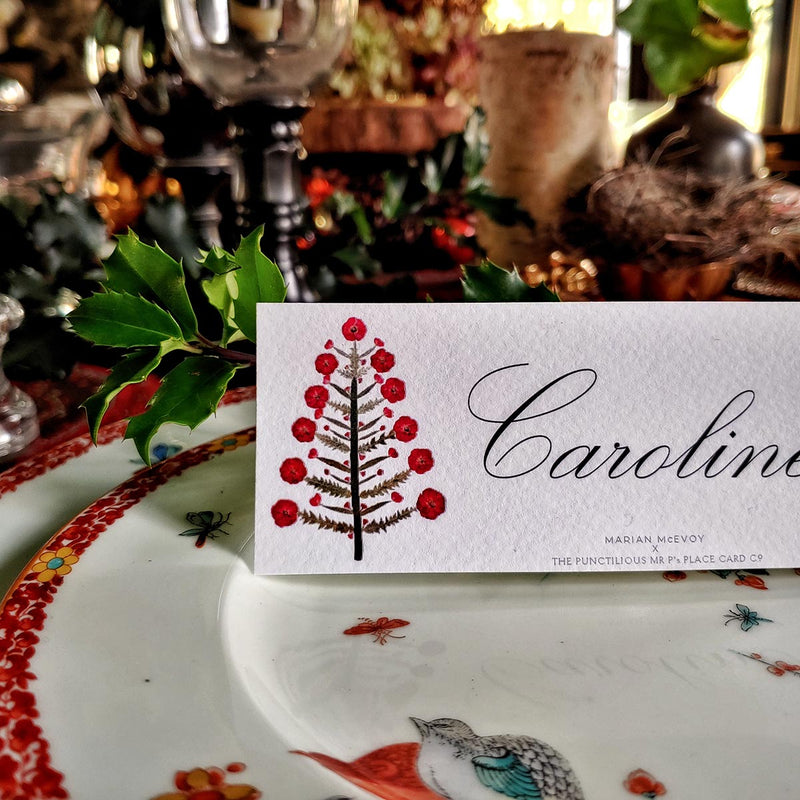 Marian Mcevoy (aka Gust the Poodle) for The Punctilious Mr. P's Place Card Co. 'Tanenbaum' laydown custom place card on top of chinoiserie dinner plate set for christmas tablescape