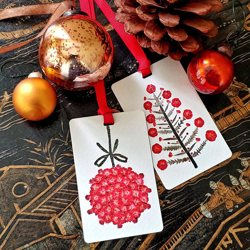 The Punctilious Mr. P's Place Card Co X Marian McEvoy holiday Custom gift tags of christmas ornaments and a tannenbaum tree