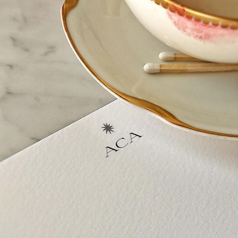 customer's initials printed stylishly at the top of the custom note card