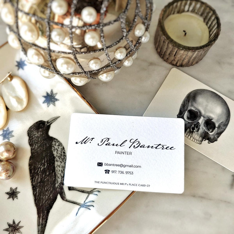 The Punctilious Mr. P's Place Card Co. Skull custom 'Calling Cards' in Old Kinderhook font