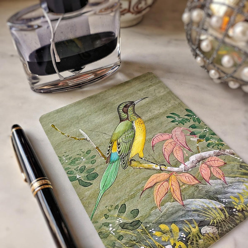 the punctilious Mr. P's place card co. Birds of India fine custom note cards with fountain pen and bottle of ink beside it.