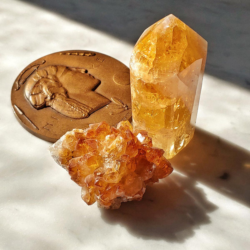 mr. p's citrine and honey calcite mineral still life 