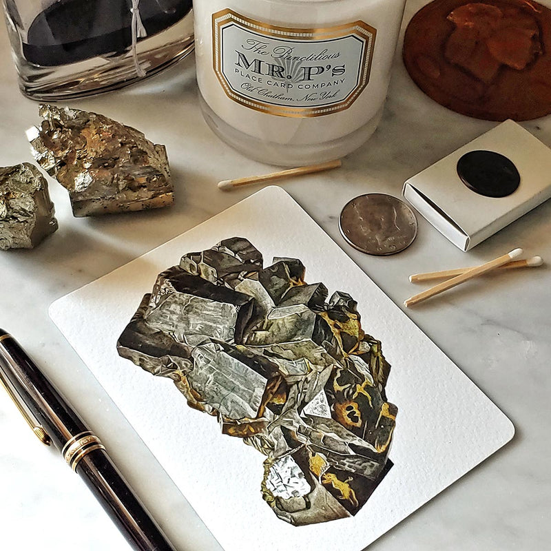 The Punctilious Mr. P's place card co. 'Minerals No. 2' custom note card set on marble ledge with crystals on top