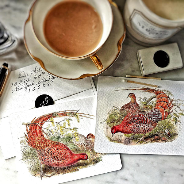 The Punctilious Mr. P's place card co. 'fiery pheasants' custom note card pack featuring all 2 cards with red pheasants