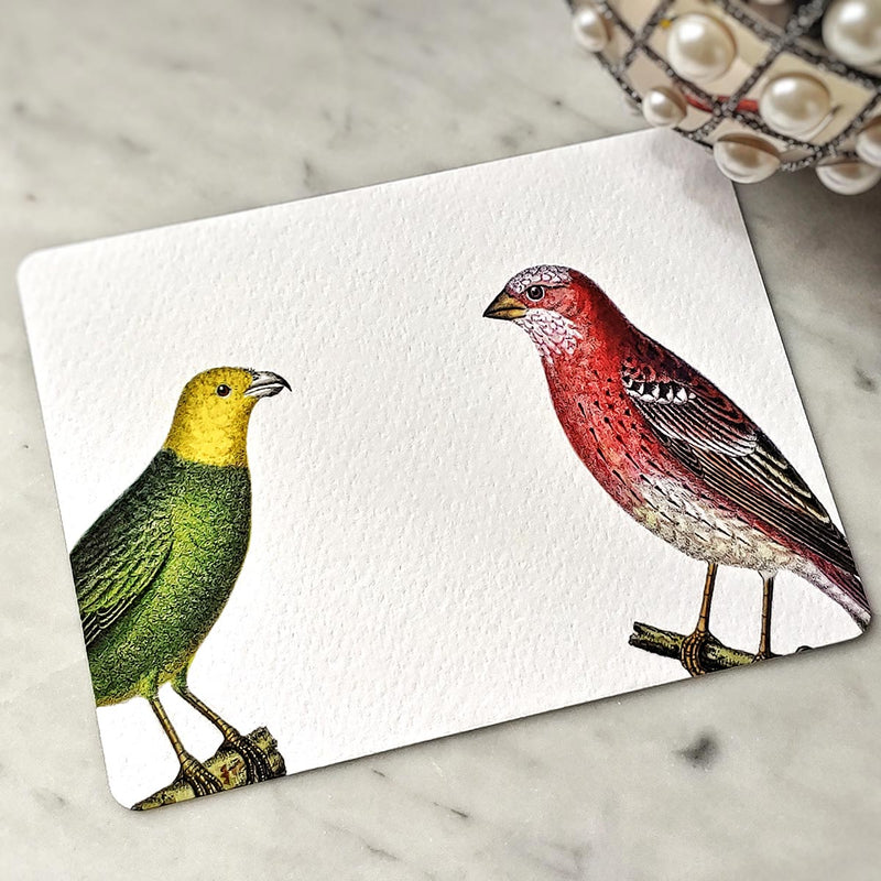 The Punctilious Mr. P's place card co. 'chromatic cuckoo' custom note card pack- showing green and red birds