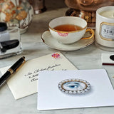 The Punctilious Mr. P's place card co. custom note card with addressed envelope showing hand written address and montblanc fountain pen, tea cup and Mr. p's twilight candle