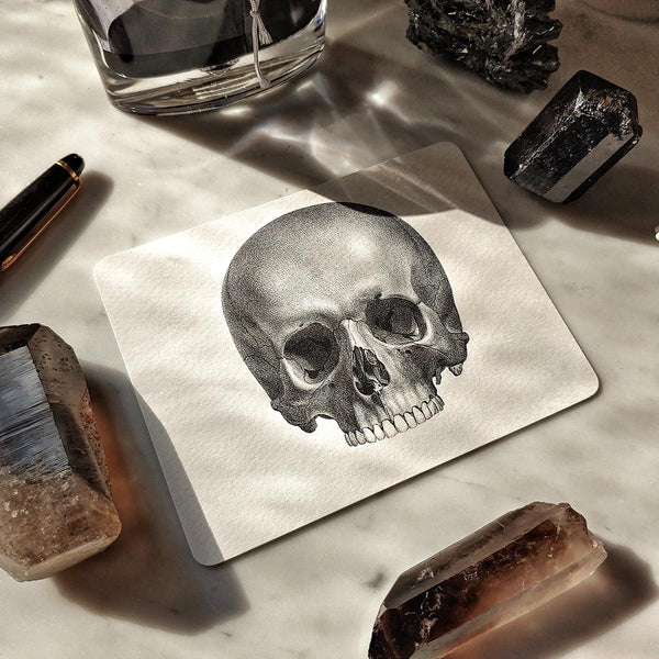 The Punctilious Mr. P's place card co. 'The Skull' custom note card with crystals laid around it