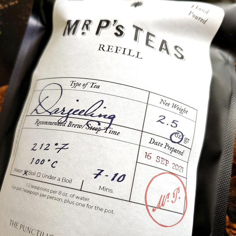 detail of The Punctilious Mr. P's Darjeeling black Tea refill pouch