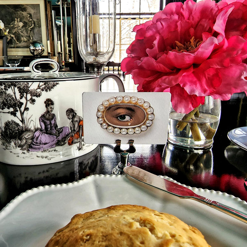 The Punctilious Mr. P's Place Card Co. 'Lover's Eye- noir' classic size custom place cards with sheila bridges harlem toile teapot for wedgwood, biscuits with marmalade