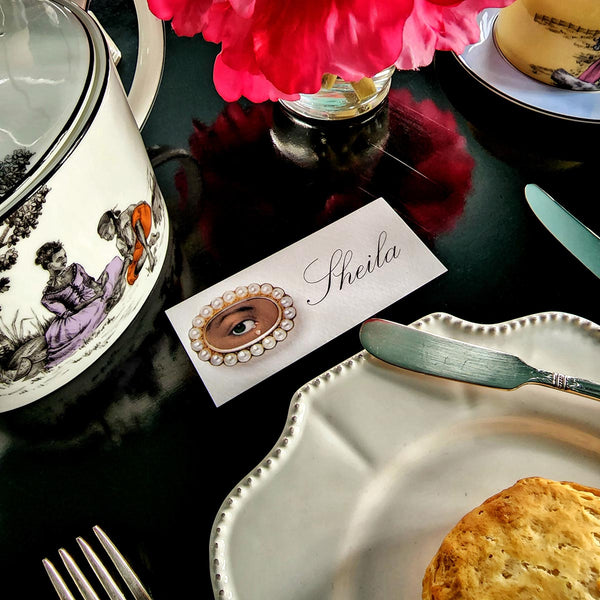 The Punctilious Mr. P's Place Card Co. 'Lover's Eye- noir' custom laydown size place cards with sheila bridges harlem toile teapot for wedgwood, biscuits with marmalade