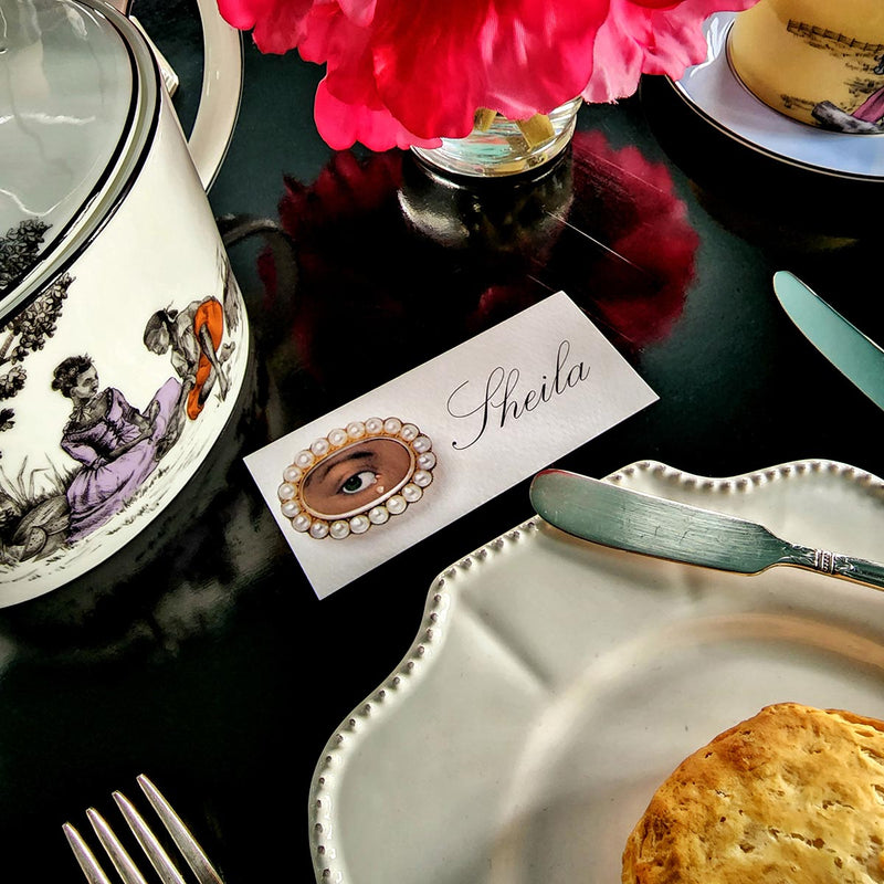 The Punctilious Mr. P's Place Card Co. 'Lover's Eye- noir' custom laydown size place cards with sheila bridges harlem toile teapot for wedgwood, biscuits with marmalade