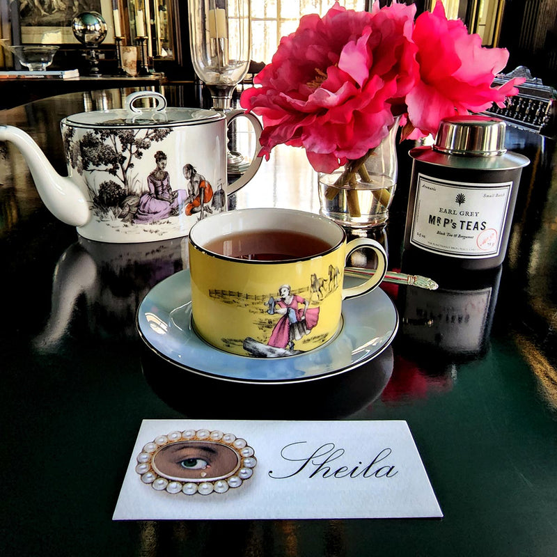 The Punctilious Mr. P's Place Card Co. 'Lover's Eye- noir' custom laydown size place cards with sheila bridges harlem toile teapot, cup and saucer for wedgwood , biscuits with marmalade