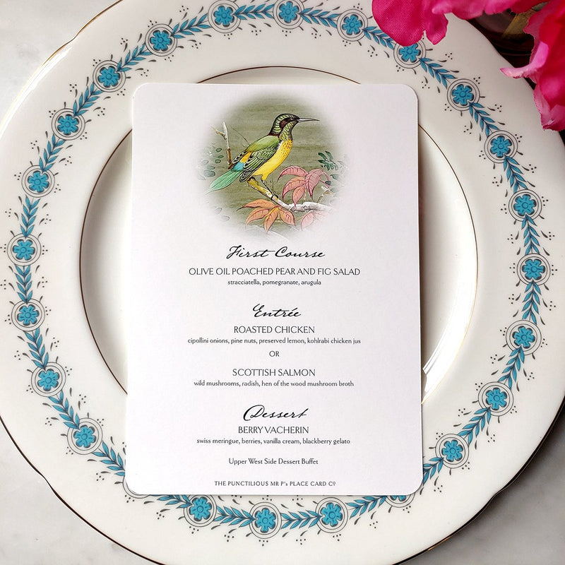 The Punctilious Mr. P's Place Card Co. custom 'Menu Cards' in Mayfair size with Birds of India theme