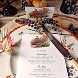 The Punctilious Mr. P's Place Card Co. 'Fiery Pheasants' custom menu cards with atuminal berries and decor