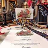 The Punctilious Mr. P's Place Card Co. 'Fiery Pheasants' custom menu cards with atuminal berries and decor