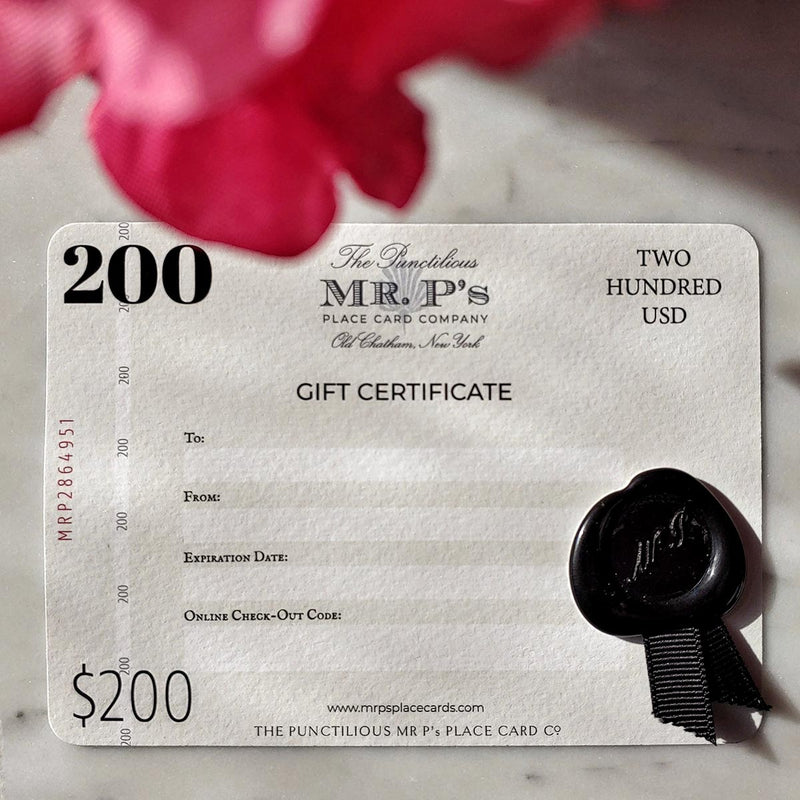 The Punctilious Mr. P's $200 Boxed Gift Certificate with wax seal and grosgrain ribbon