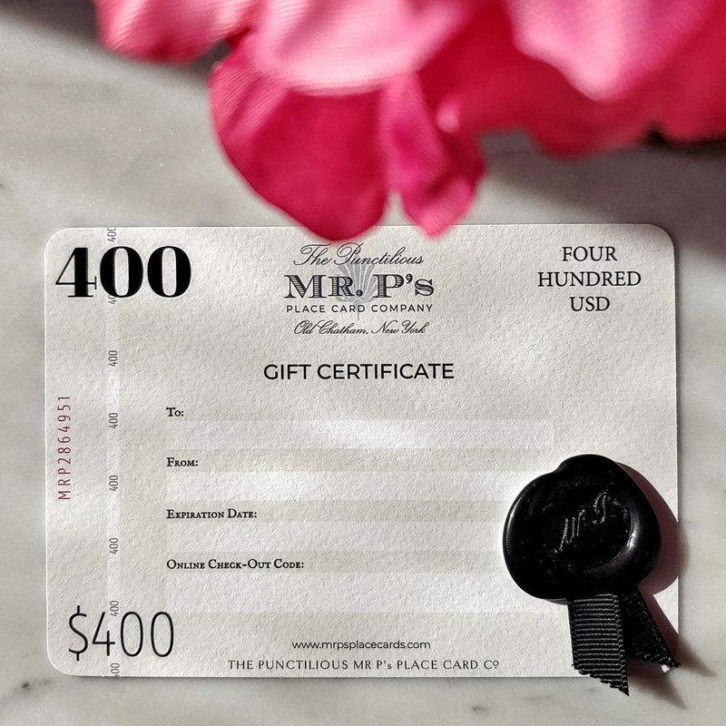 The Punctilious Mr. P's $400 Boxed Gift Certificate with wax seal and grosgrain ribbon