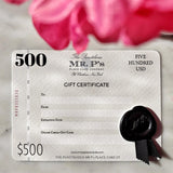 The Punctilious Mr. P's $500 Boxed Gift Certificate with wax seal and grosgrain ribbon