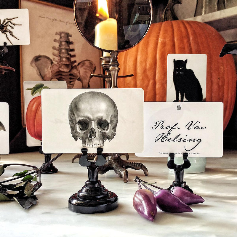 The Punctilious Mr. P's Place Card Co. 'Halloween Classics' custom place cards featuring the skull