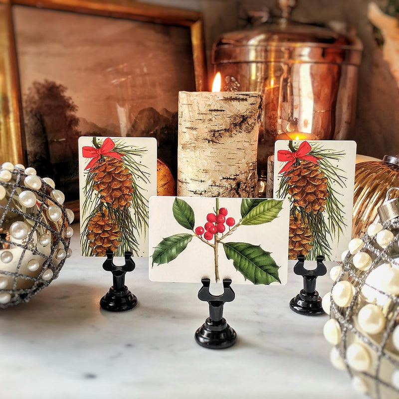 The Punctilious Mr. P's Place Card Co. 'Holly' custom place cards paired with Coulter Pine Cones