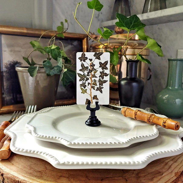 The Punctilious Mr. P's Place Card Co. 'Ivy' custom place card set on china with bamboo cutlery with live potted ivy in the background