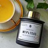 The Punctilious Mr. P's Place Card Co. Jasmine Green Tea canister with tea cup and saucer