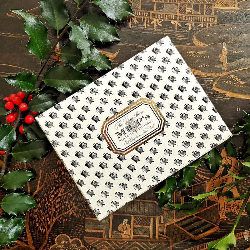 The punctilious mr. P's place card co. collaboration with Marian McEvoy (aka Gust the poodle) anthemion pattern holiday packaging