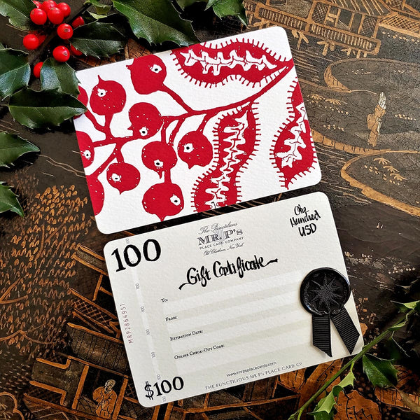 The Punctilious Mr. P's collaboration with Marian McEvoy (aka gust the poodle) $100 Boxed Gift Certificate with wax seal and grosgrain ribbon whose design is inspired by vintage bank notes with recipient's name calligraphed by hand