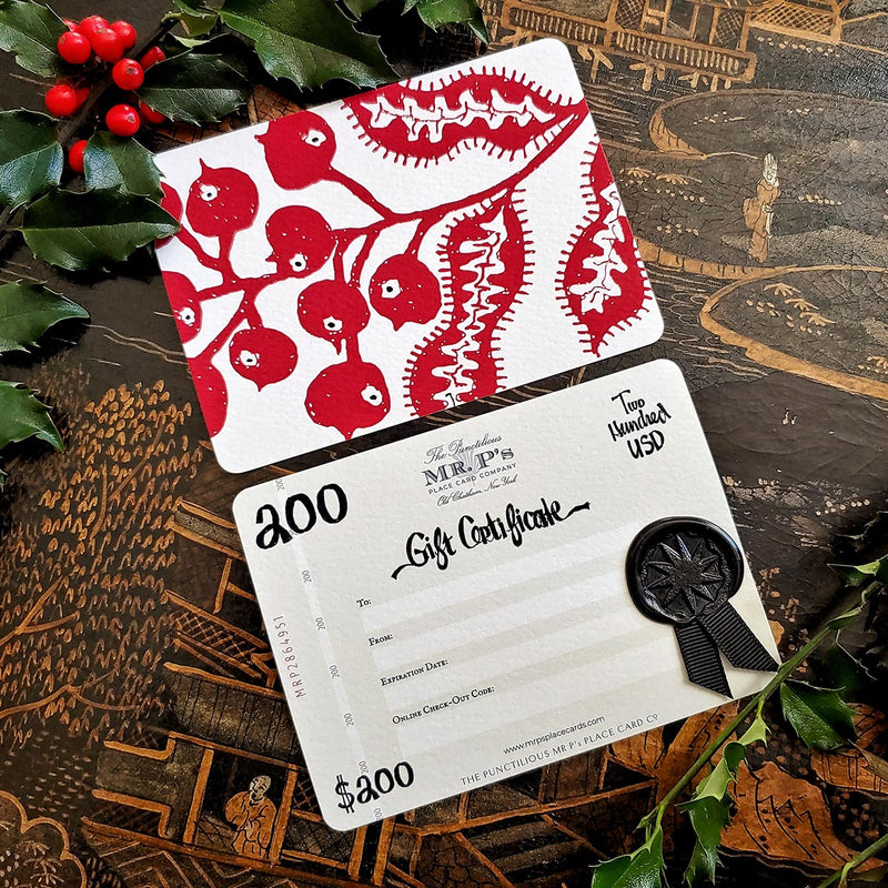 The Punctilious Mr. P's collaboration with Marian McEvoy (aka gust the poodle) $200 Boxed Gift Certificate with wax seal and grosgrain ribbon whose design is inspired by vintage bank notes with recipient's name calligraphed by hand