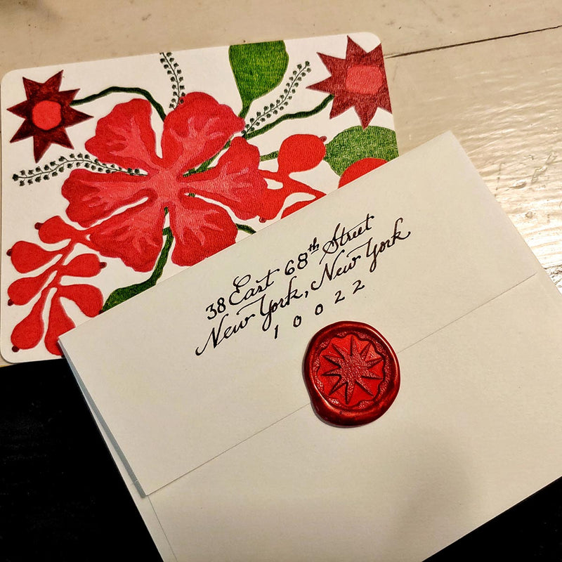 The Punctilious Mr. P's Place card co. X Marian McEvoy star design wax seal stamp sealed on the back of an envelope