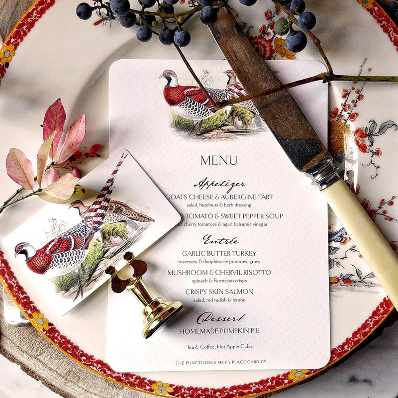 The Punctilious Mr. P's place card co. 'Fall Pheasants' custom place card set