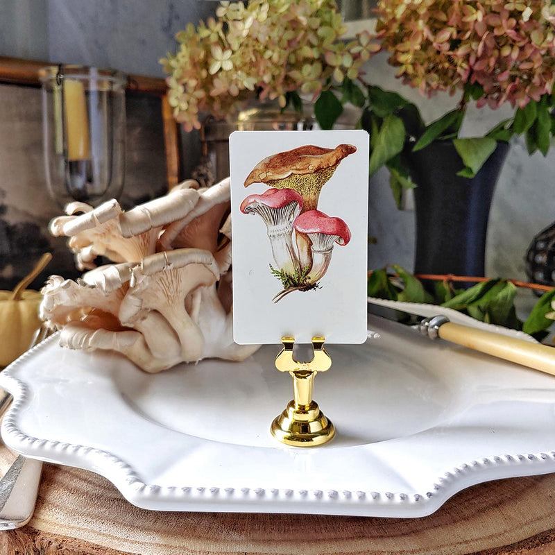 The Punctilious Mr. P's Place Card Co. Ravaging Russula mushrooms custom place cards on a  tabletop with fine china, hydrangea and white pumpkins