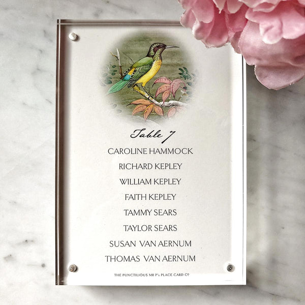 The Punctilious Mr. P's Place Card Co. custom Seating Charts using Birds of India theme