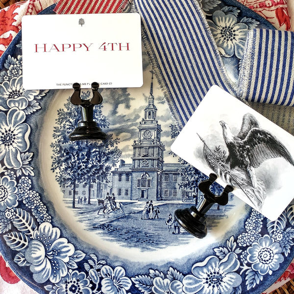 The Punctilious Mr. P's Place Card Co. 'Baldwin Eagle' custom place cards on a patriotic fourth of july tablescape