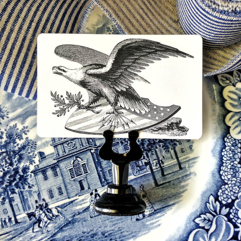 detail of The Punctilious Mr. P's place card co. 'patriot Eagle' custom place cards on a fourth of july tablescape