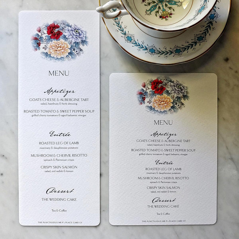 The Punctilious Mr. P's Place Card Co. Custom Wedding 'Menu Cards' with courtship birds theme