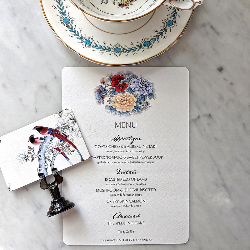 The Punctilious Mr. P's Place Card Co. Custom Wedding 'Menu Cards' with courtship birds theme
