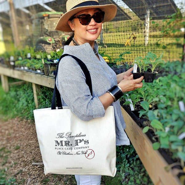 mr. p's co-founder karen suen-cooper at the berry farm carrying the everyday tote bag on her shoulder