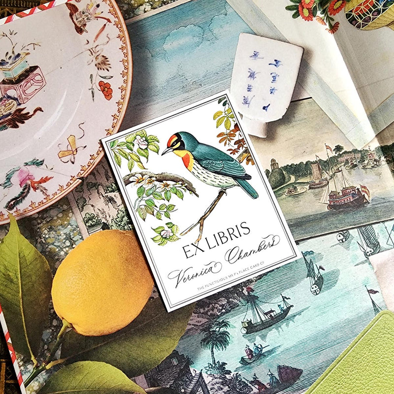 The Punctilious Mr. P's Place Card Co. personalized "Birds of India" motif custom bookplate in the "Ex Libris" style.