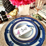 The Punctilious Mr. P's Place Card Co. 'Chromatic Cuckoo' laydown size custom place cards on a white china tablescape